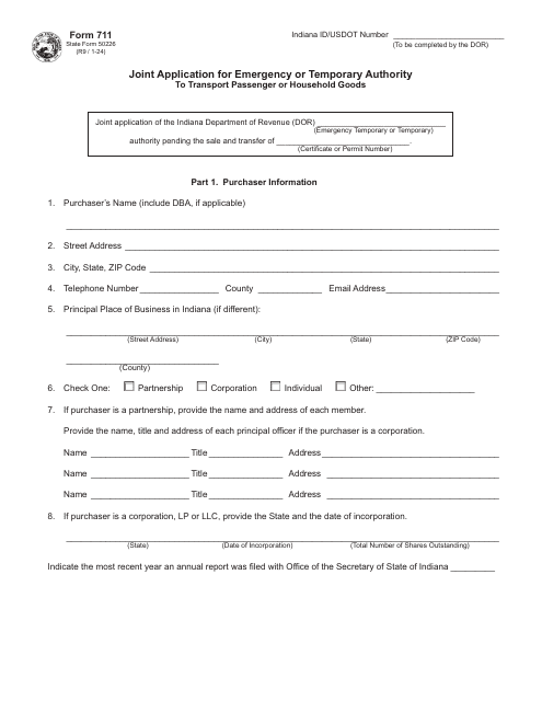 Form 711 (State Form 50226) Joint Application for Emergency or Temporary Authority to Transport Passenger or Household Goods - Indiana