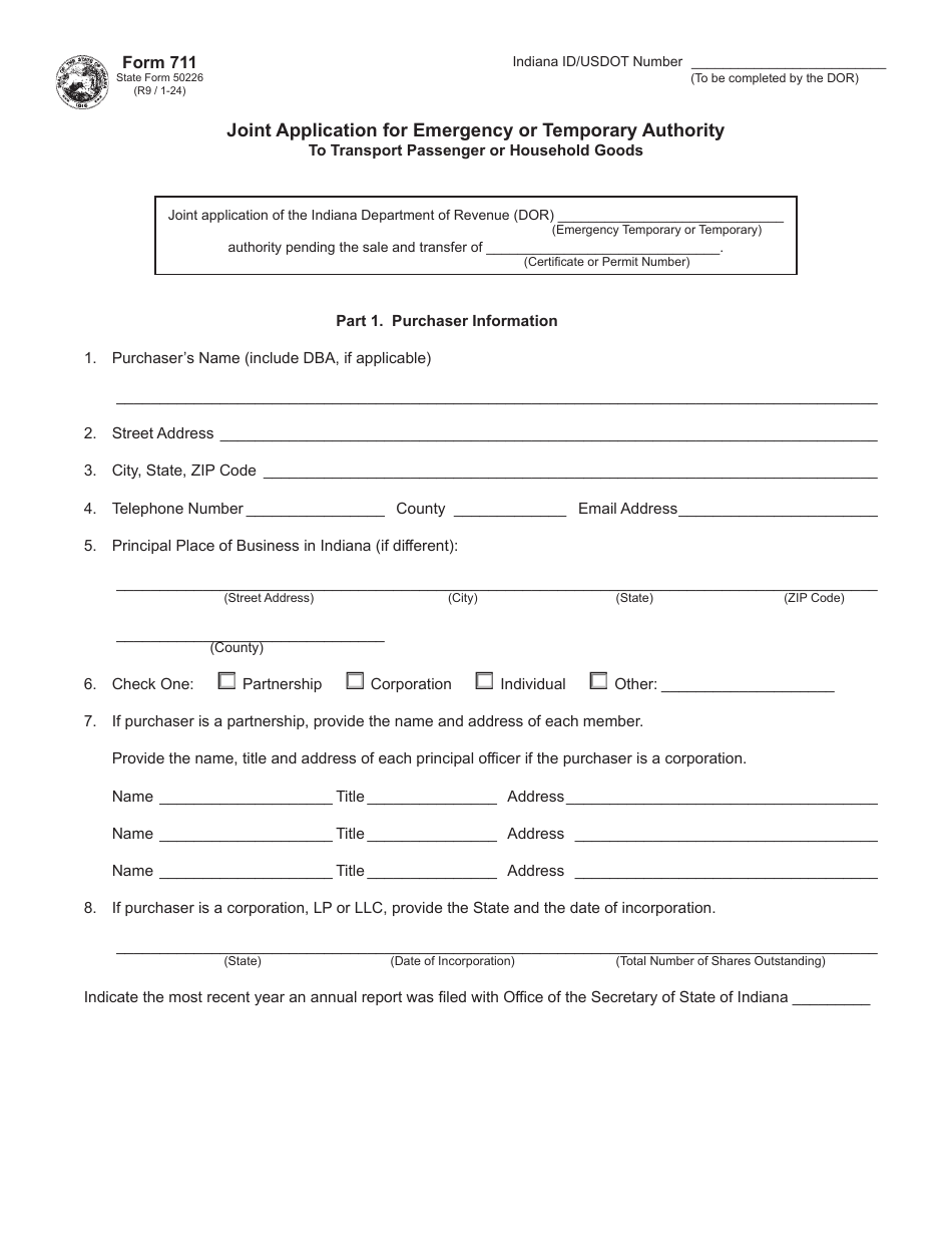 Form 711 (State Form 50226) Joint Application for Emergency or Temporary Authority to Transport Passenger or Household Goods - Indiana, Page 1
