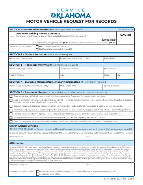 Form 303RM Motor Vehicle Request for Records - Oklahoma