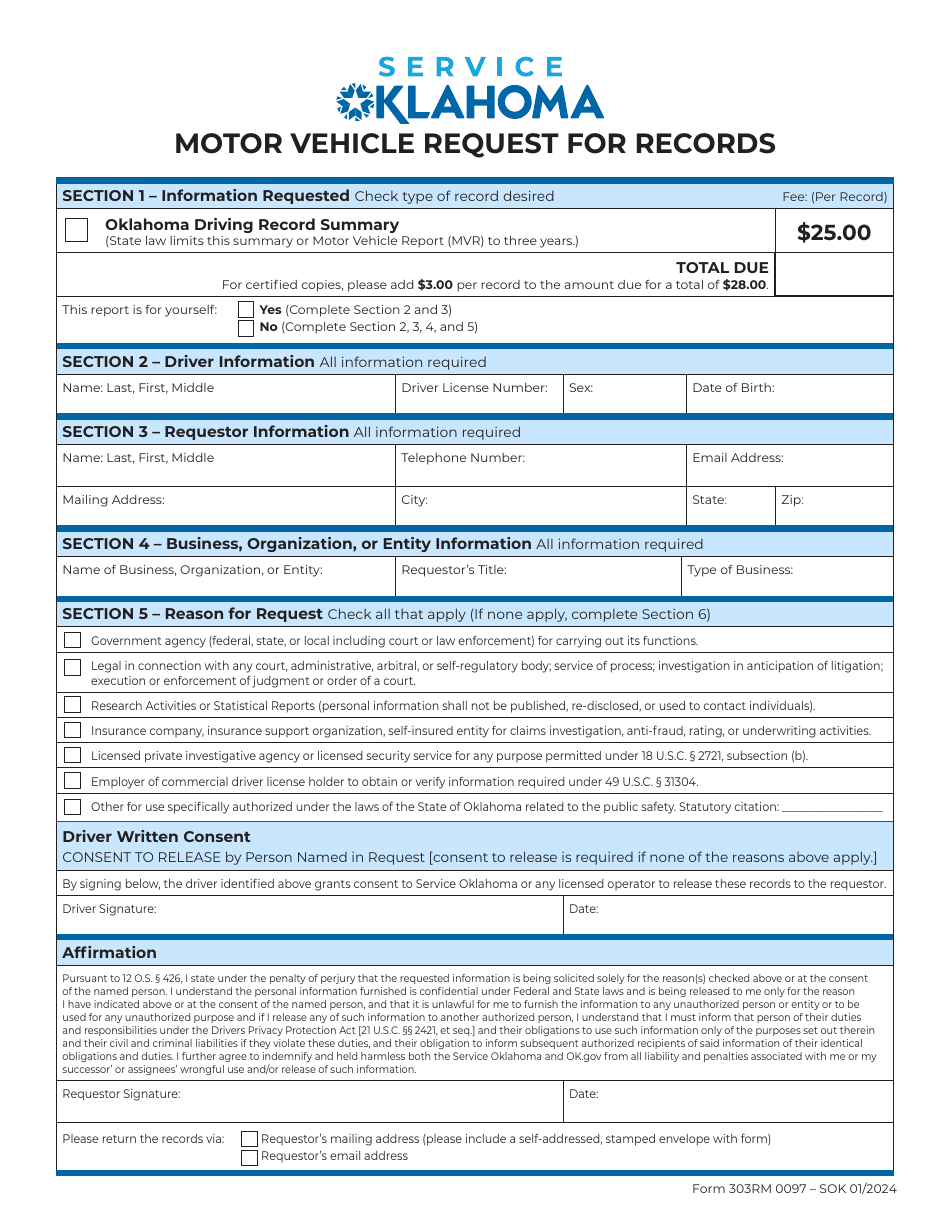 Form 303RM Motor Vehicle Request for Records - Oklahoma, Page 1