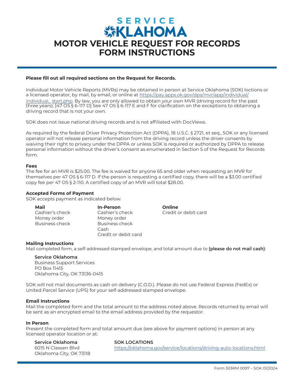 Form 303RM Motor Vehicle Request for Records - Oklahoma, Page 2