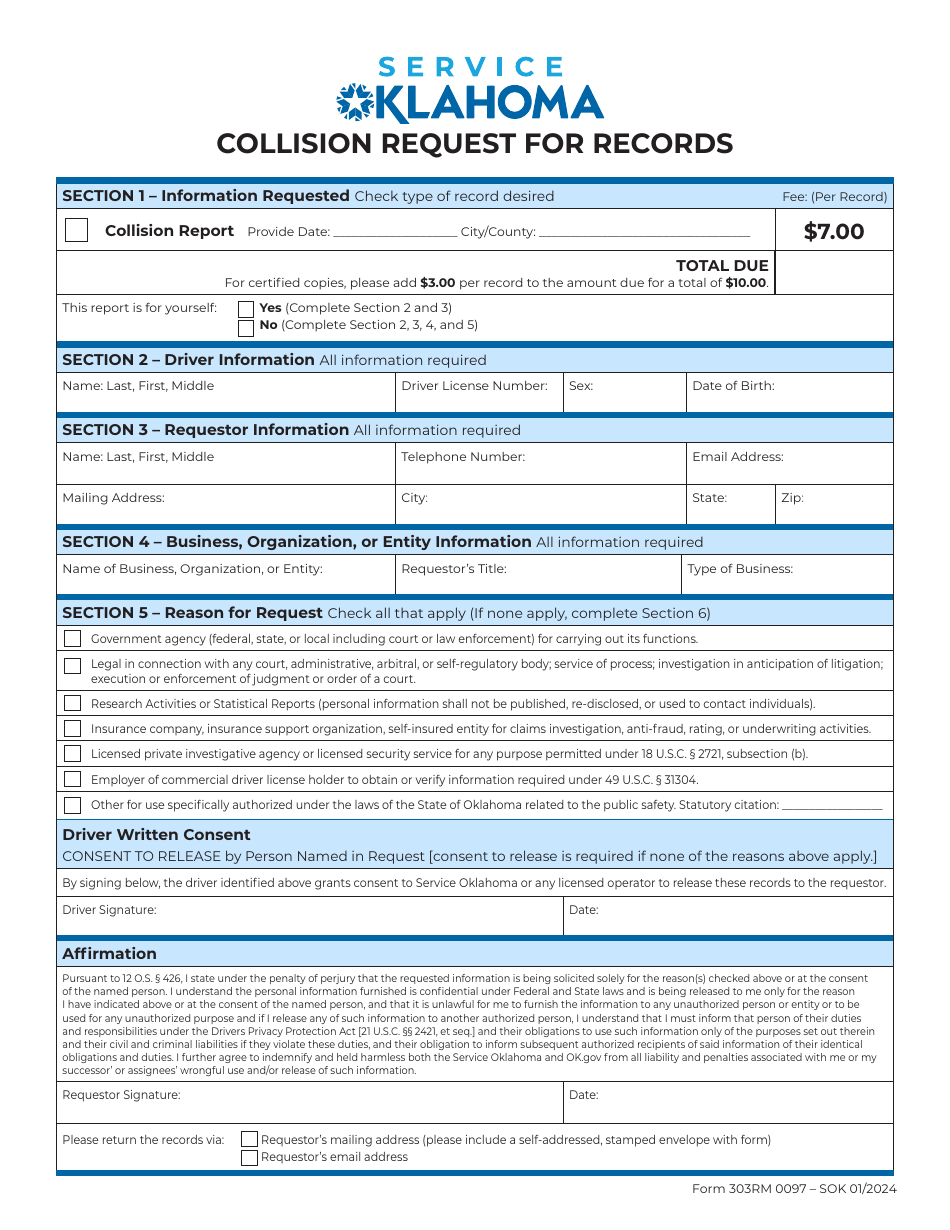 Form 303RM Collision Request for Records - Oklahoma, Page 1