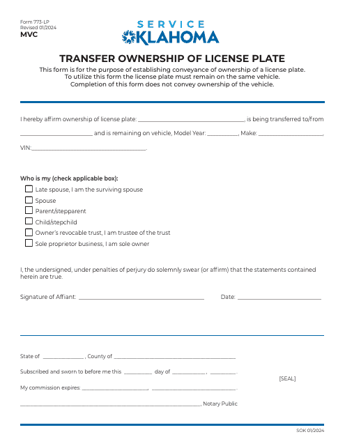 Form 773-LP Transfer Ownership of License Plate - Oklahoma