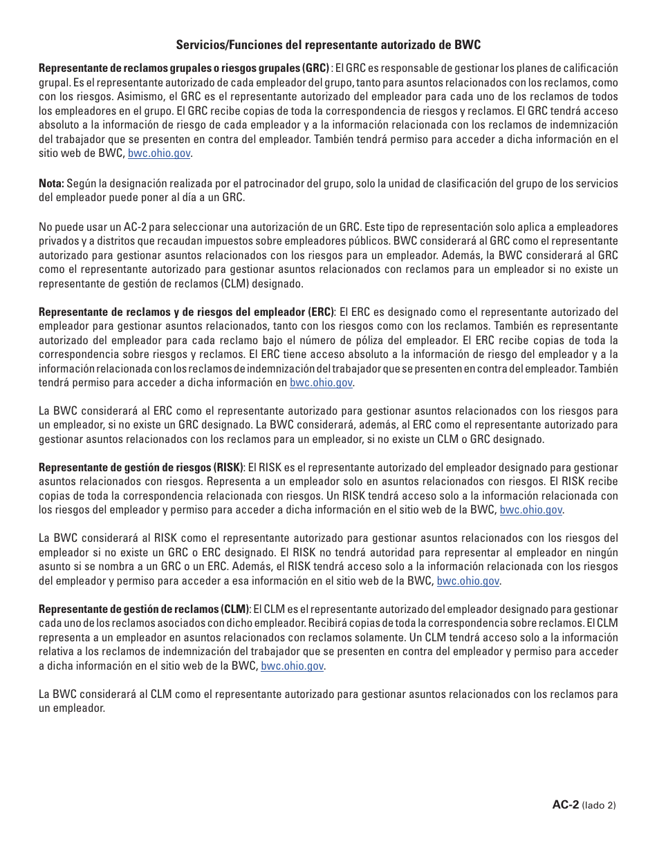 Formulario AC-2 (BWC-0502) Autorizacion Permanente - Ohio (Spanish), Page 2