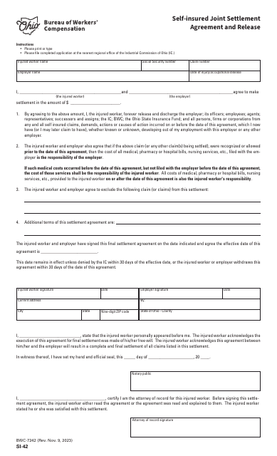 Form SI-42 (BWC-7242) Self-insured Joint Settlement Agreement and Release - Ohio