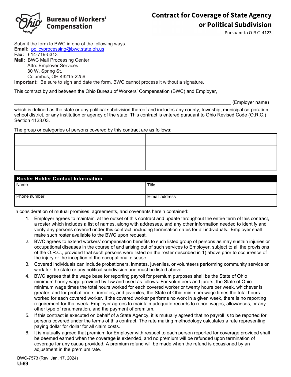 Form U-69 (BWC-7573) Contract for Coverage of State Agency or Political Subdivision - Ohio, Page 1