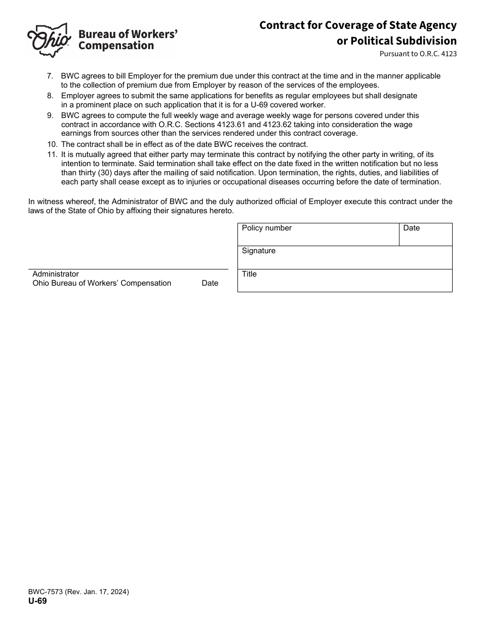 Form U-69 (BWC-7573) Contract for Coverage of State Agency or Political Subdivision - Ohio, Page 2
