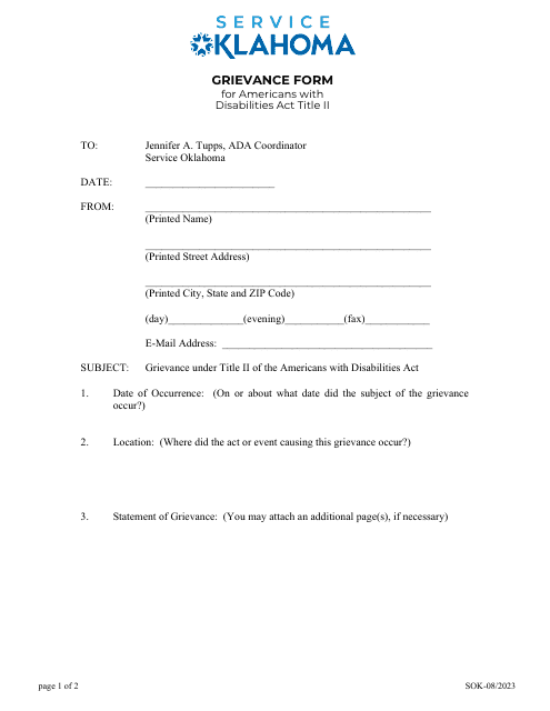 Grievance Form for Americans With Disabilities Act Title Ii - Oklahoma Download Pdf
