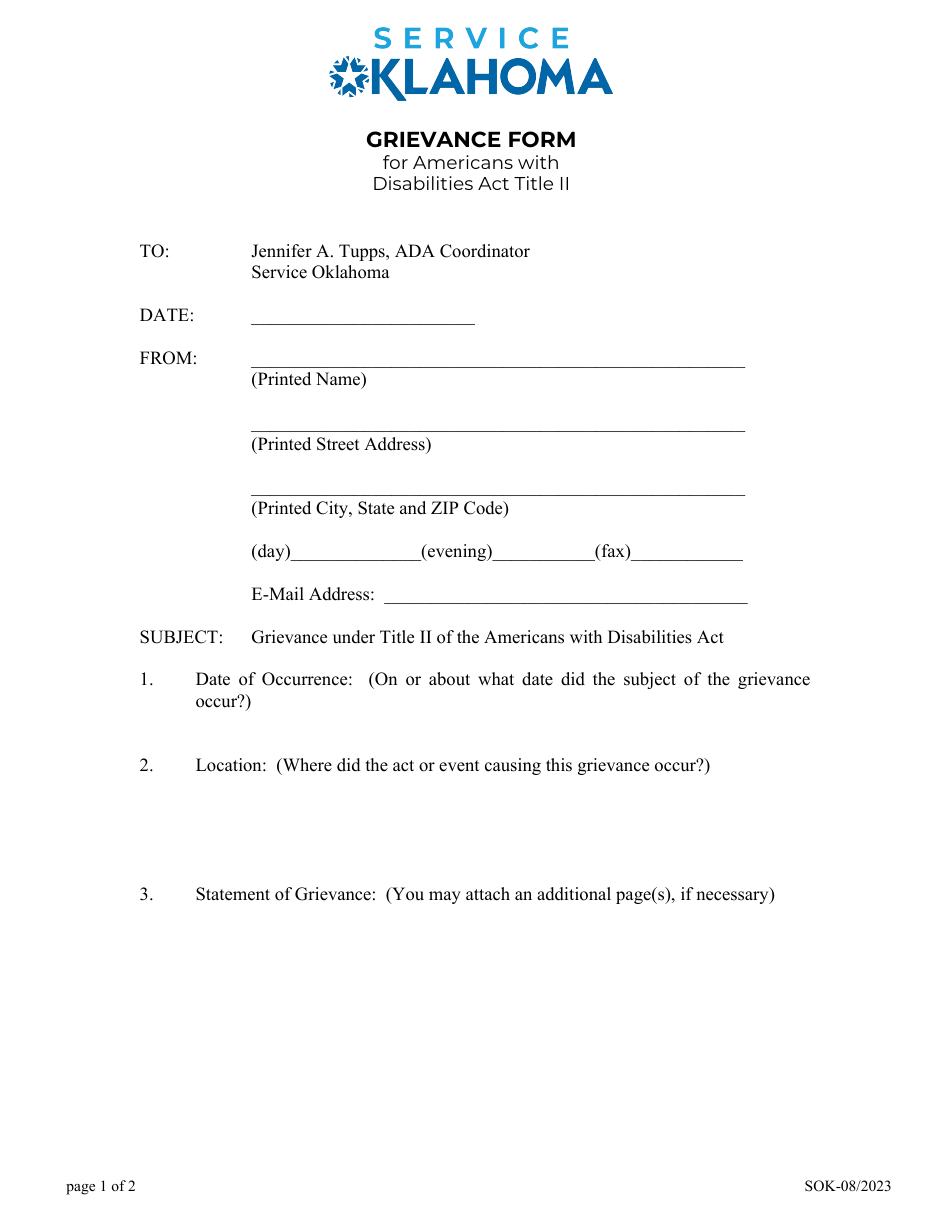 Grievance Form for Americans With Disabilities Act Title Ii - Oklahoma, Page 1