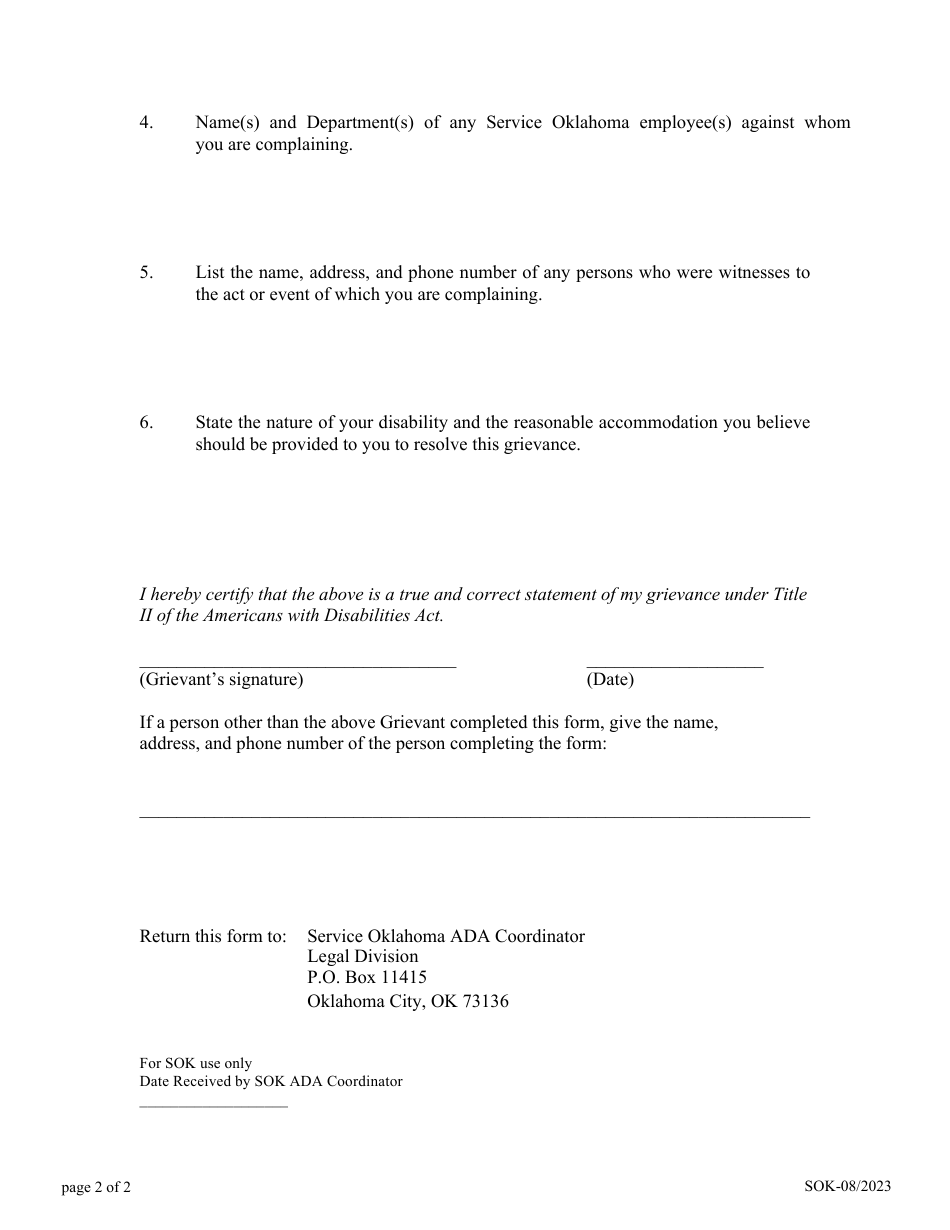 Grievance Form for Americans With Disabilities Act Title Ii - Oklahoma, Page 2