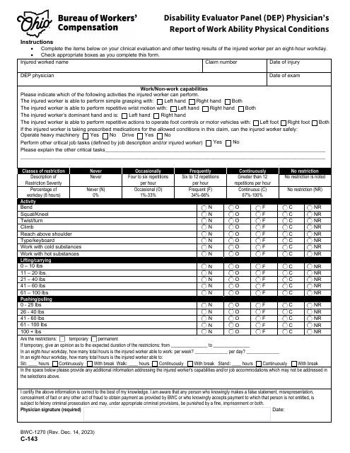 Form C-143 (BWC-1270) Disability Evaluator Panel (DEP) Physician's Report of Work Ability Physical Conditions - Ohio