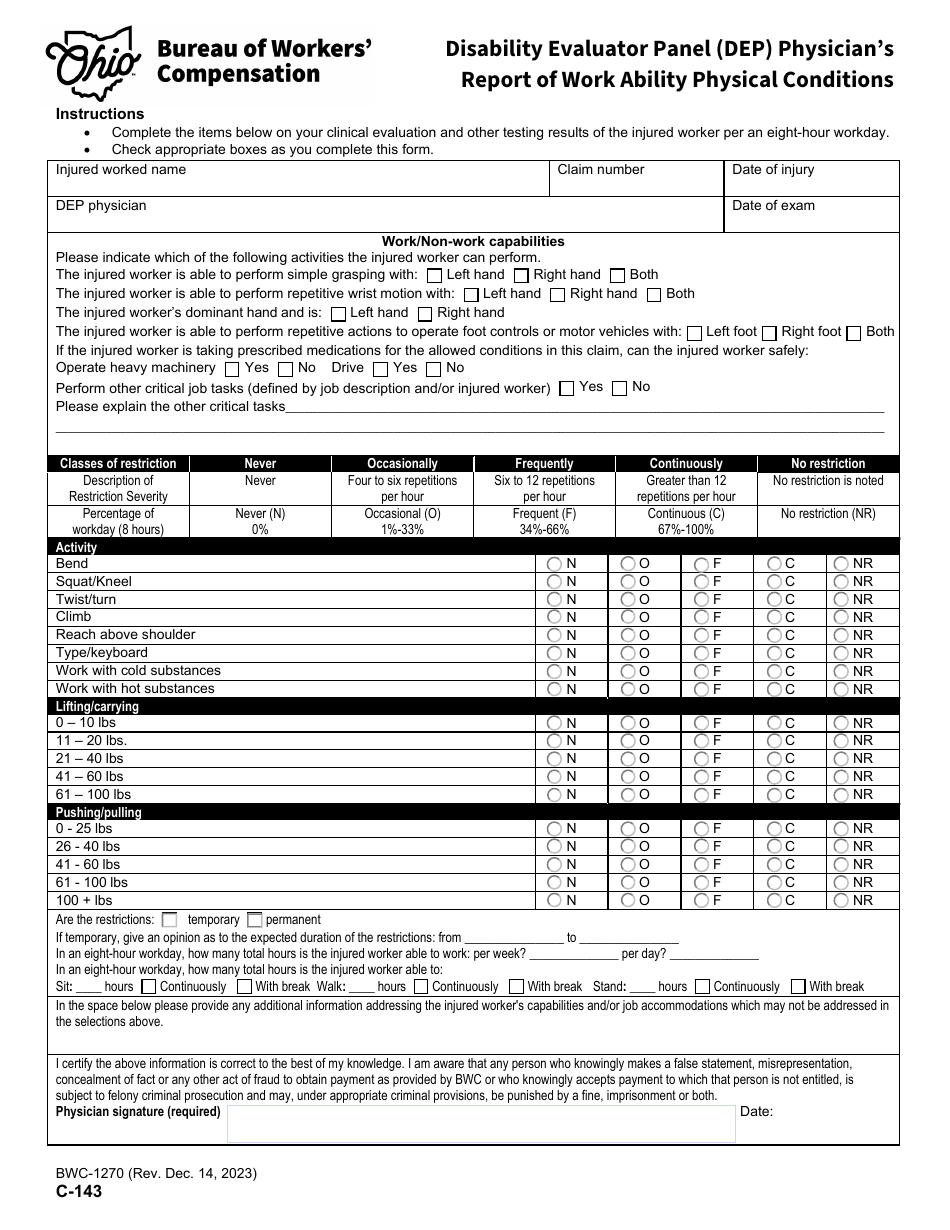Form C-143 (BWC-1270) Disability Evaluator Panel (DEP) Physicians Report of Work Ability Physical Conditions - Ohio, Page 1