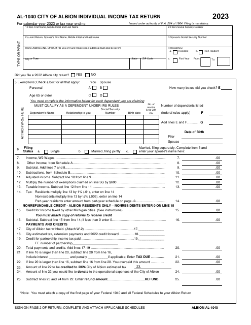 Form AL-1040 Individual Income Tax Return - City of Albion, Michigan, 2023