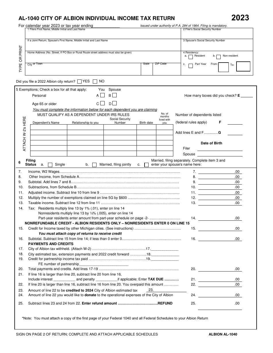 Form AL-1040 Individual Income Tax Return - City of Albion, Michigan, Page 1