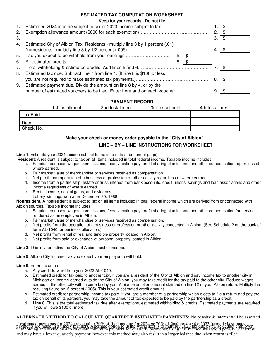 Form AL-1040ES Estimated Individual Income Tax Voucher - City of Albion, Michigan, Page 2