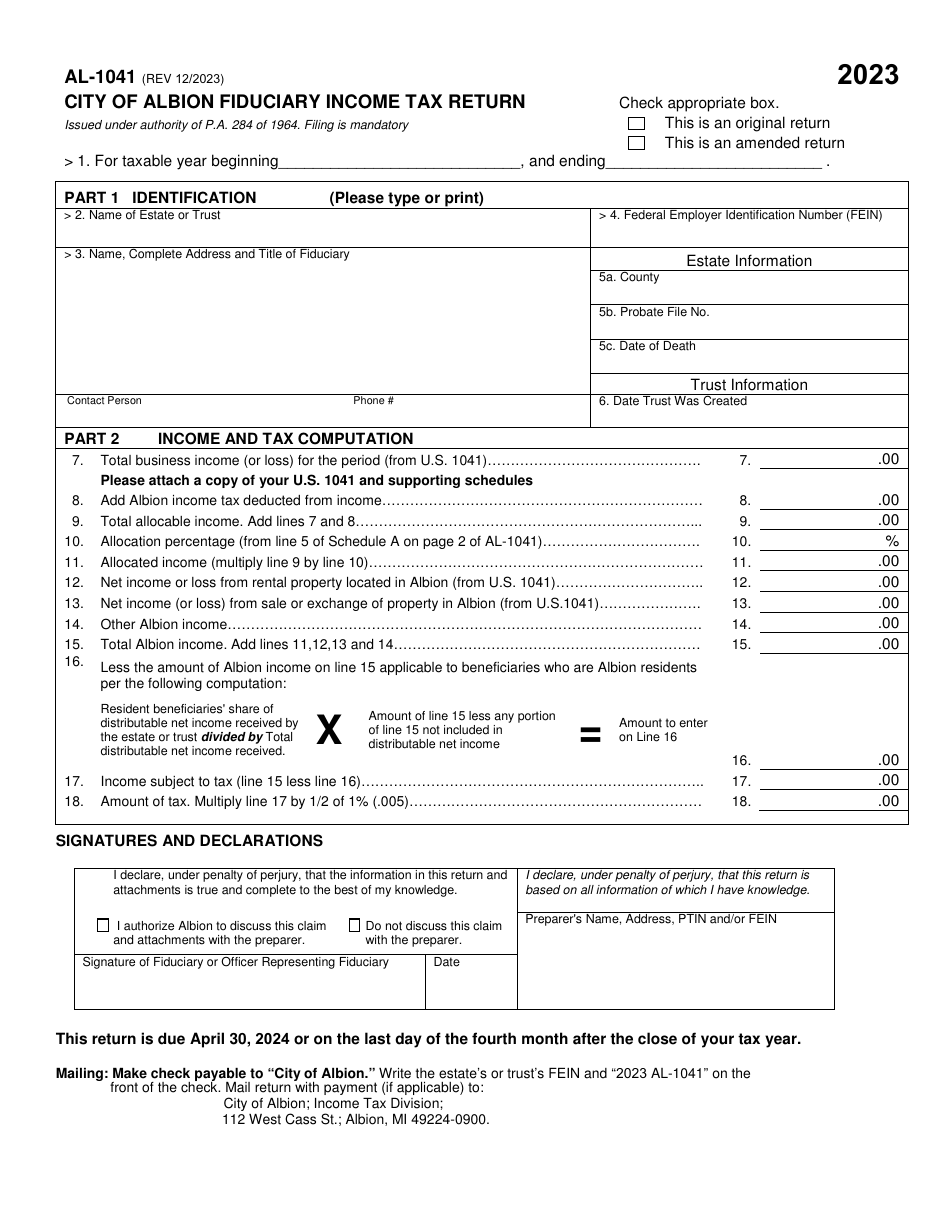 Form AL-1041 Fiduciary Income Tax Return - City of Albion, Michigan, Page 1