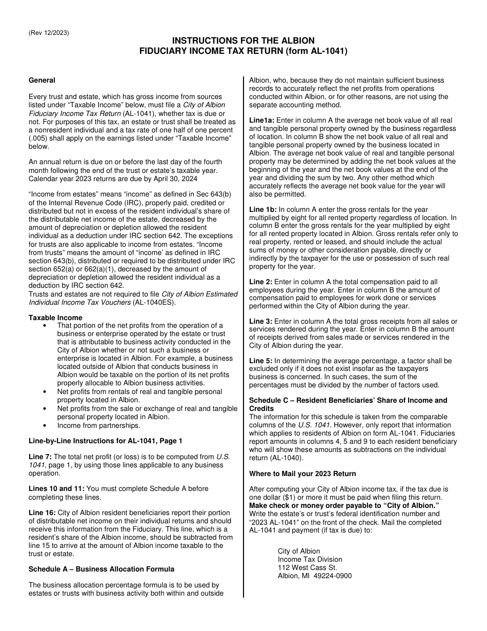 Form AL-1041 Fiduciary Income Tax Return - City of Albion, Michigan, Page 4