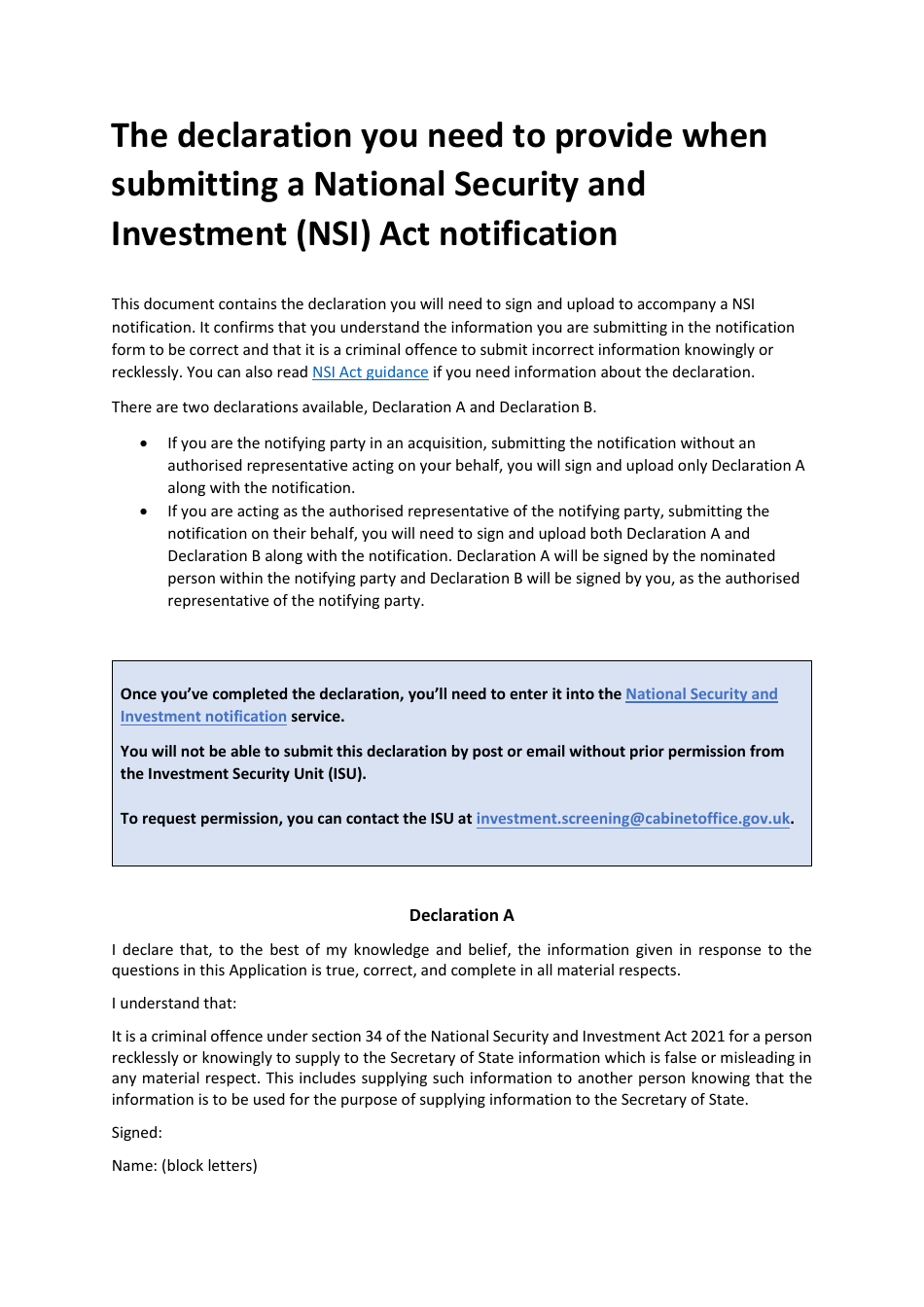 Act Declarations a and B - United Kingdom, Page 1