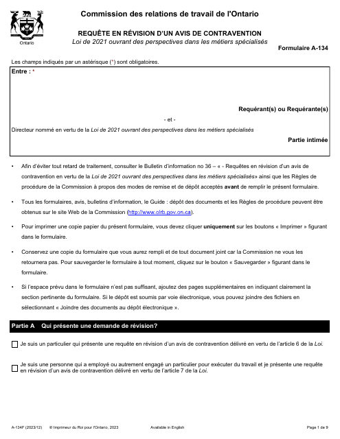 Forme A-134 Requete En Revision D'un Avis De Contravention - Ontario, Canada (French)