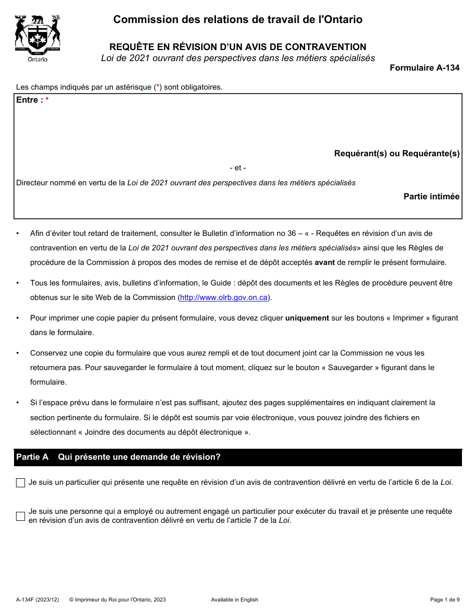 Forme A-134 Requete En Revision Dun Avis De Contravention - Ontario, Canada (French), Page 1