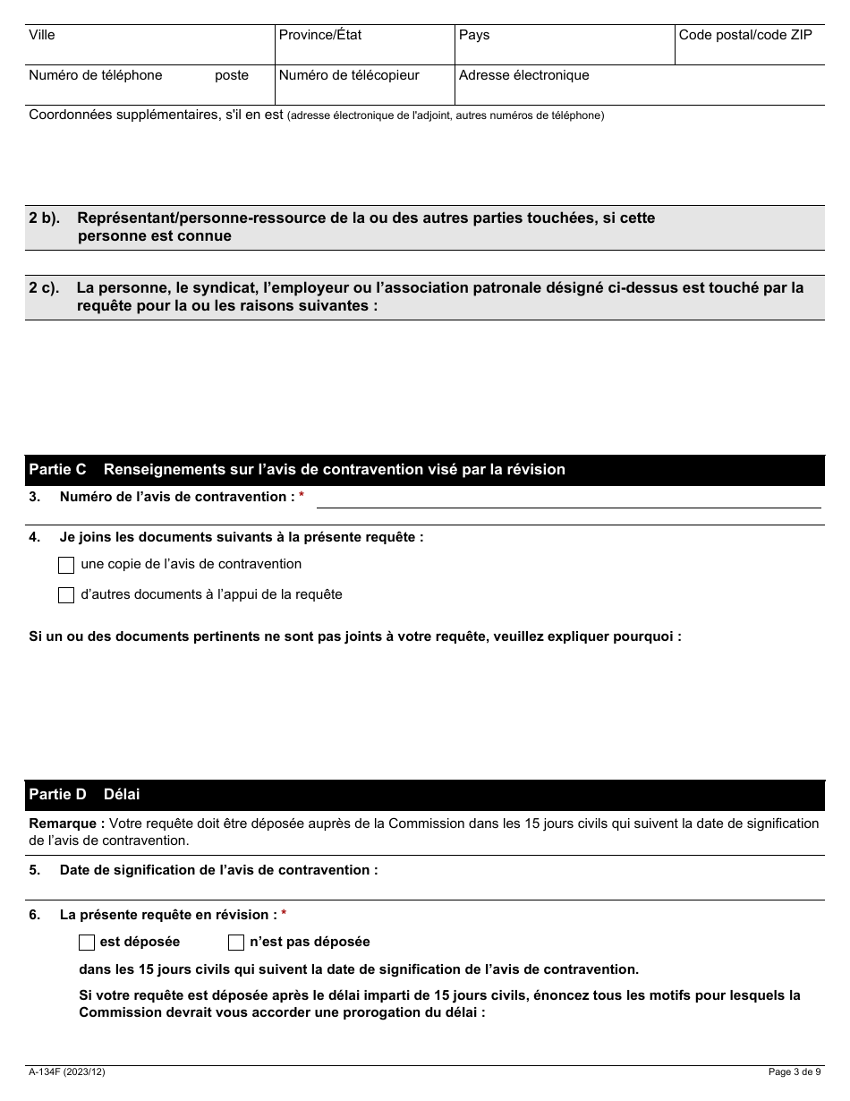 Forme A-134 Requete En Revision Dun Avis De Contravention - Ontario, Canada (French), Page 3