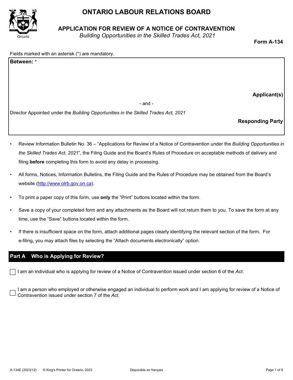 Form A-134 Application for Review of a Notice of Contravention - Ontario, Canada, Page 1