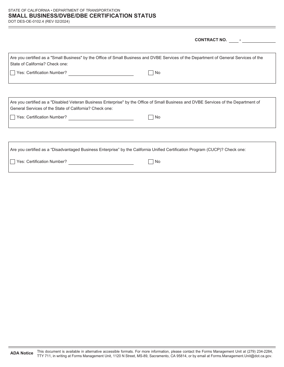 Form DOT DES-OE-0102.4 Small Business / Dvbe / Dbe Certification Status - California, Page 1