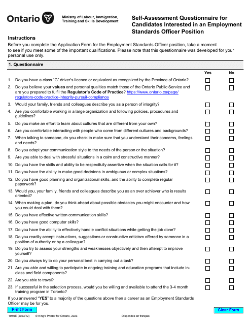 Form 1986E Self-assessment Questionnaire for Candidates Interested in an Employment Standards Officer Position - Ontario, Canada