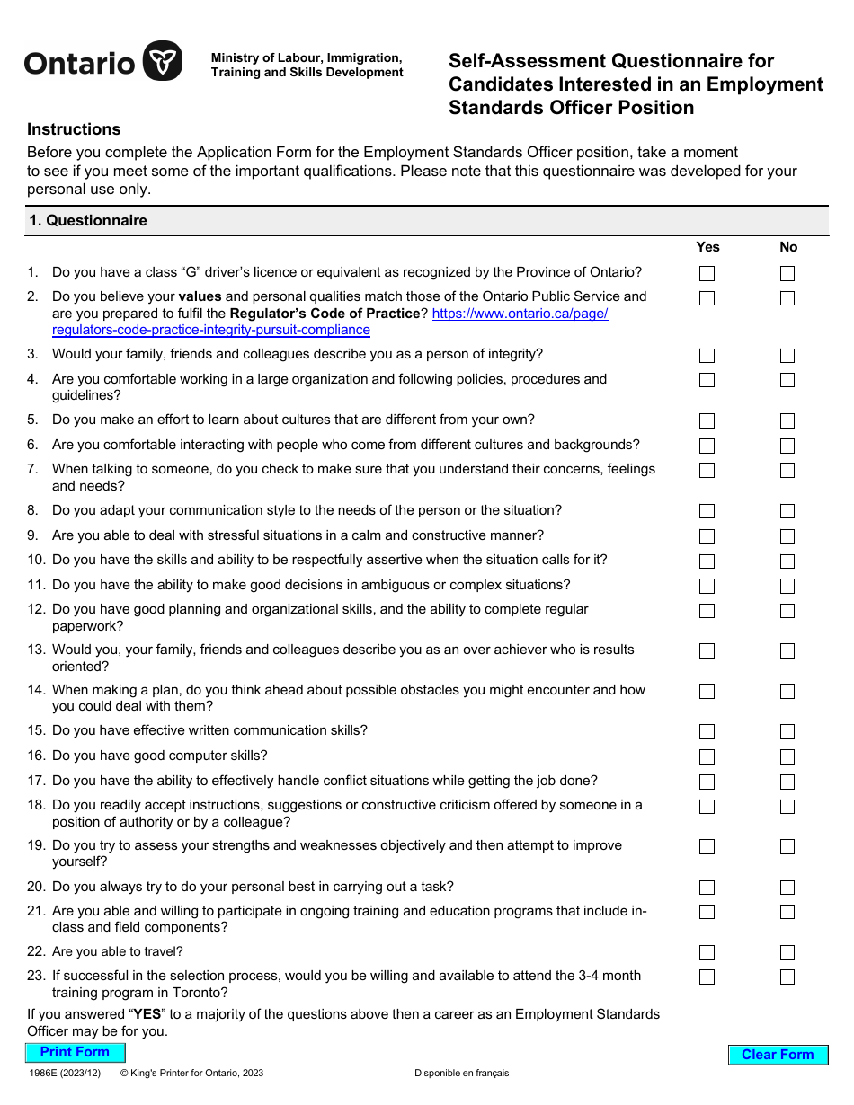 Form 1986E Self-assessment Questionnaire for Candidates Interested in an Employment Standards Officer Position - Ontario, Canada, Page 1