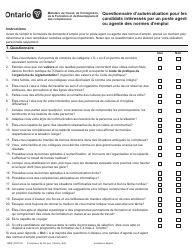 Document preview: Forme 1986F Questionnaire D'autoevaluation Pour Les Candidats Interesses Par Un Poste Agent Ou Agente DES Normes D'emploi - Ontario, Canada (French)