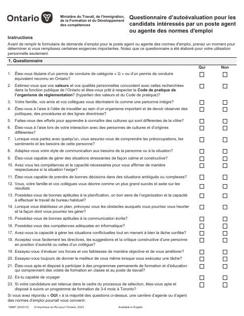 Forme 1986F Questionnaire D'autoevaluation Pour Les Candidats Interesses Par Un Poste Agent Ou Agente DES Normes D'emploi - Ontario, Canada (French)
