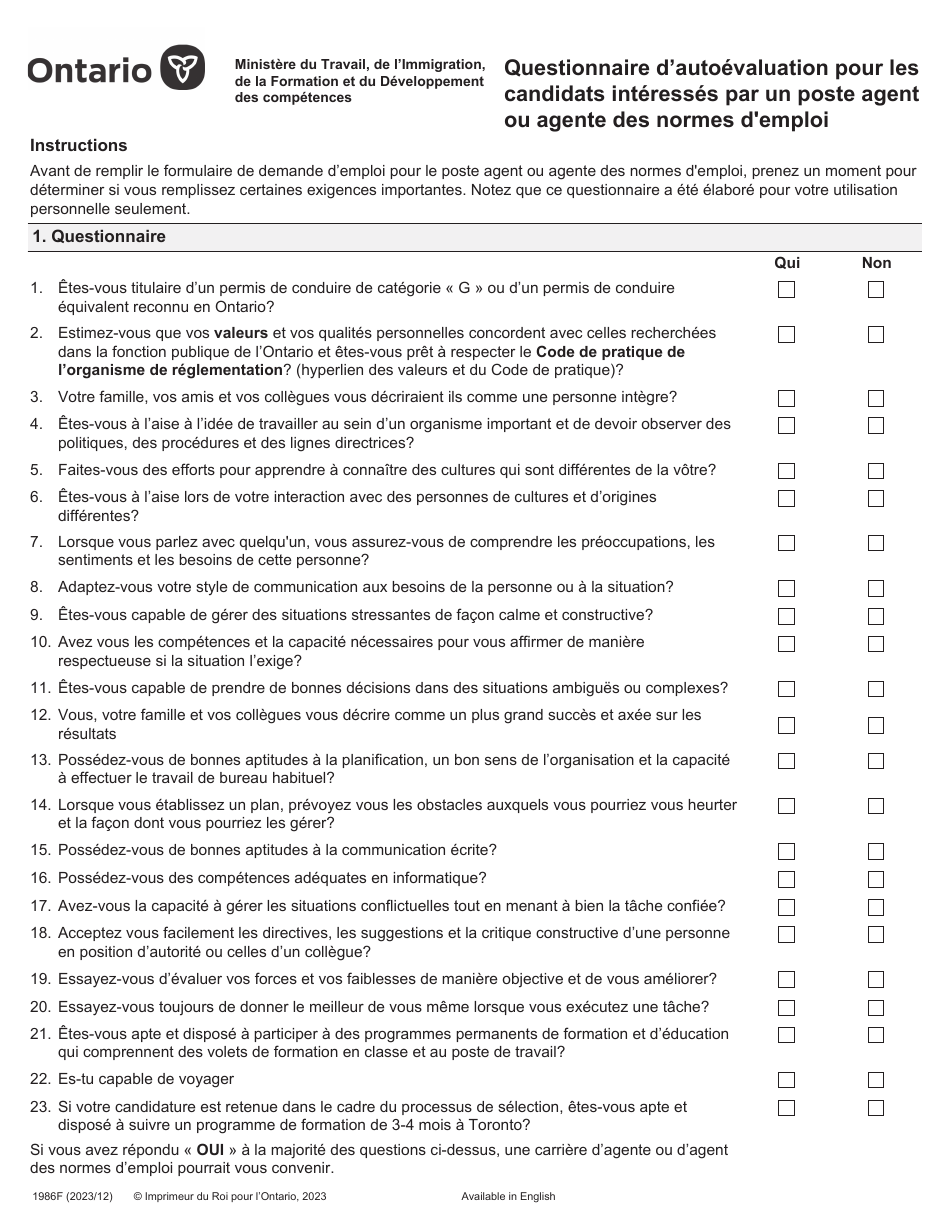 Forme 1986F Questionnaire Dautoevaluation Pour Les Candidats Interesses Par Un Poste Agent Ou Agente DES Normes Demploi - Ontario, Canada (French), Page 1