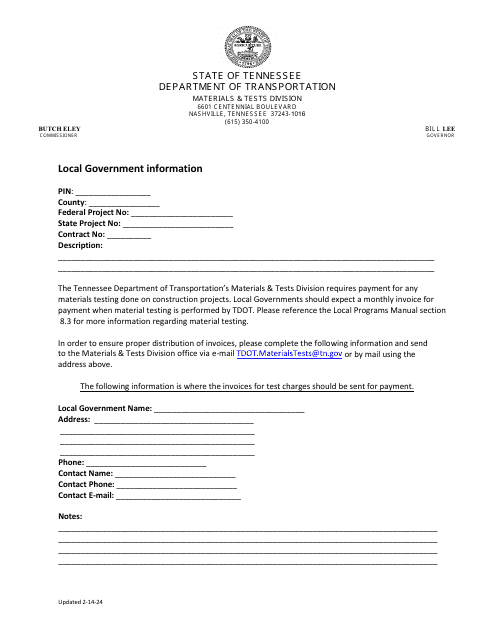 Local Government Contact Information Form - Tennessee Download Pdf