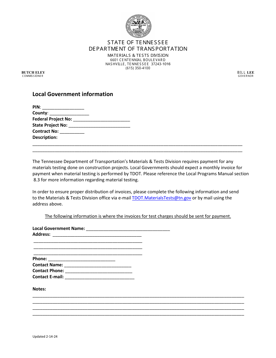 Local Government Contact Information Form - Tennessee, Page 1