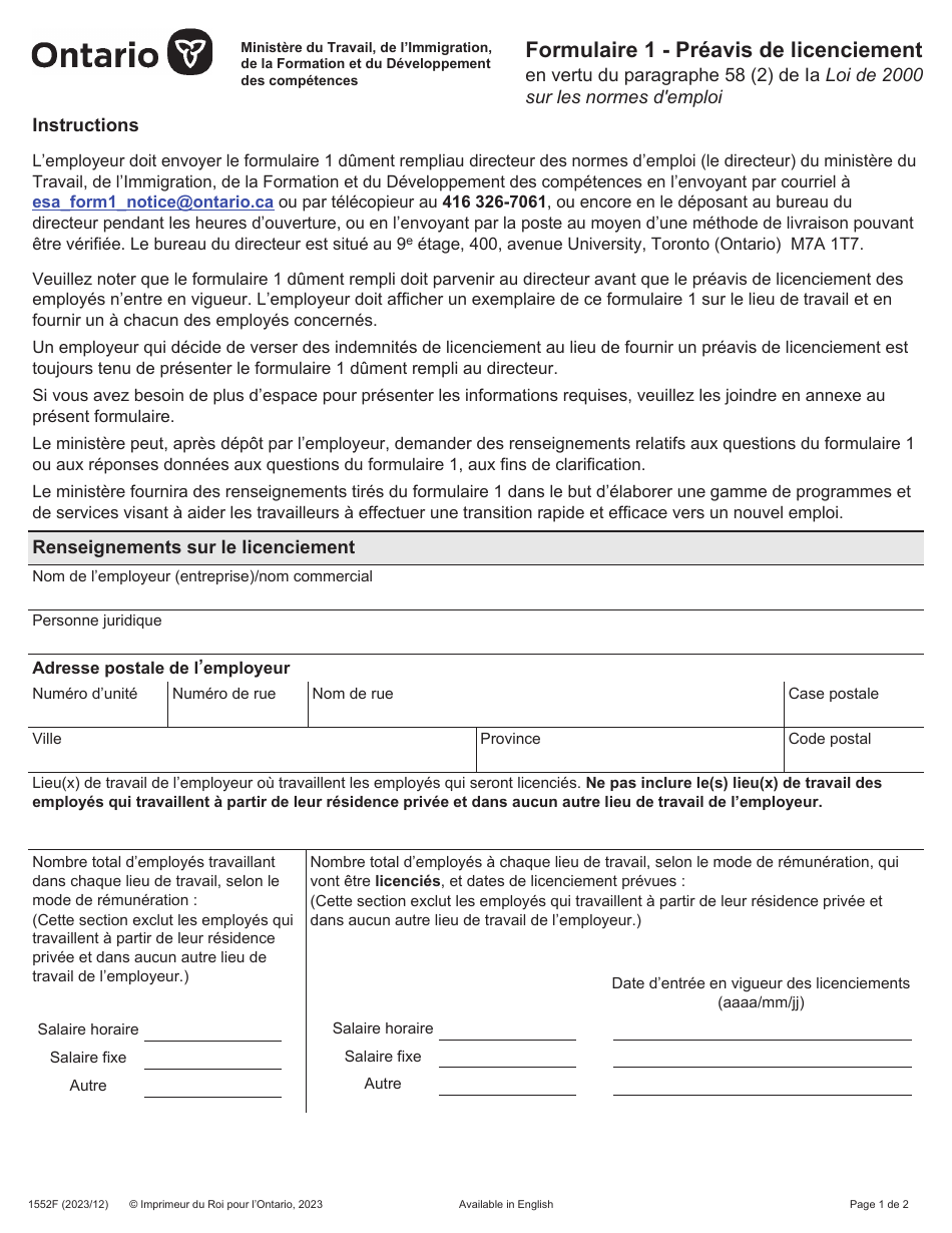 Forme 1 (1552F) Preavis De Licenciement - Ontario, Canada (French), Page 1