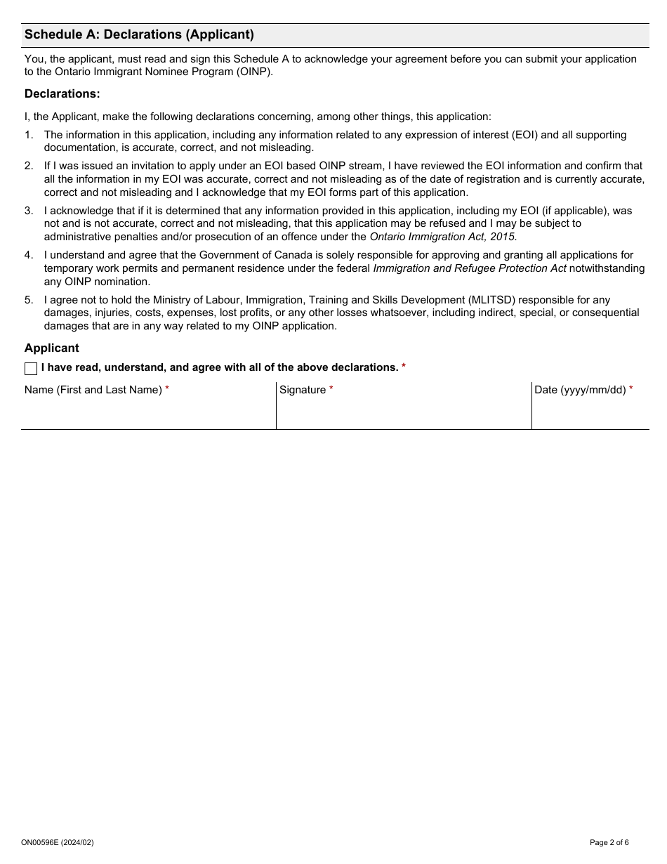 Form ON00596E Applicant Consent - Ontario Immigrant Nominee Program - Ontario, Canada, Page 2