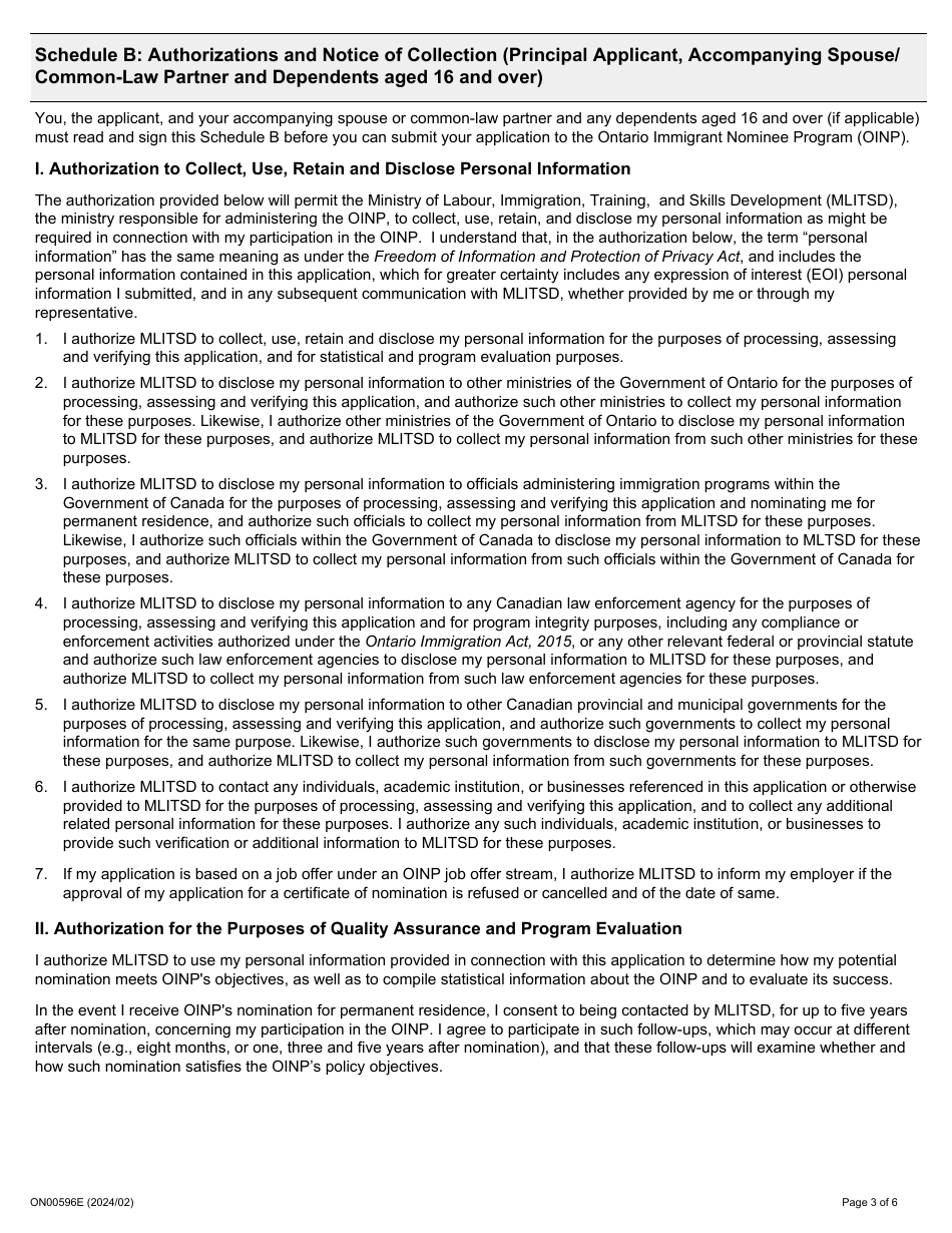 Form ON00596E Applicant Consent - Ontario Immigrant Nominee Program - Ontario, Canada, Page 3