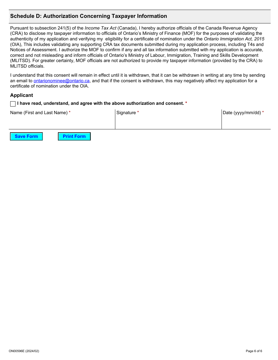 Form ON00596E Applicant Consent - Ontario Immigrant Nominee Program - Ontario, Canada, Page 6