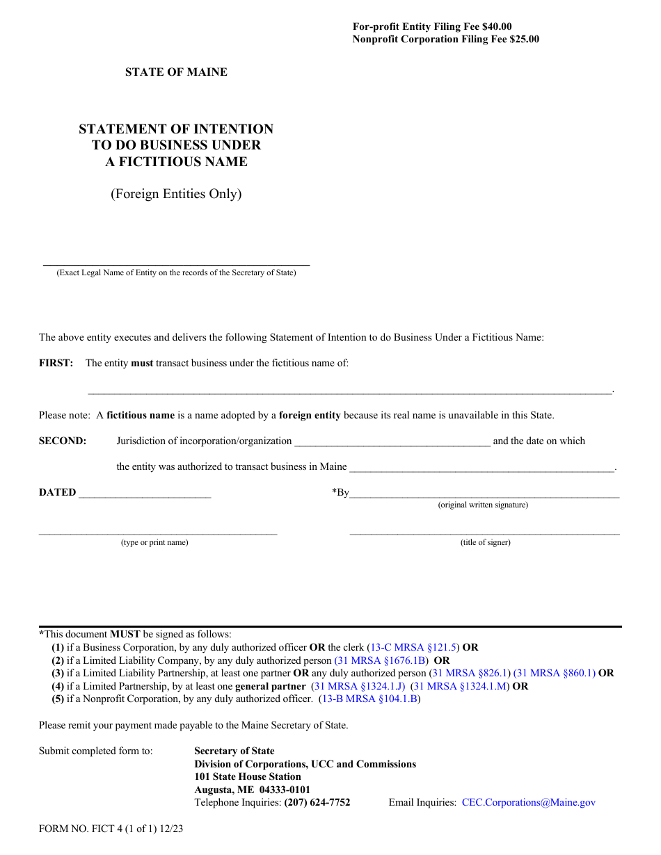 Form FICT4 - Fill Out, Sign Online and Download Fillable PDF, Maine ...