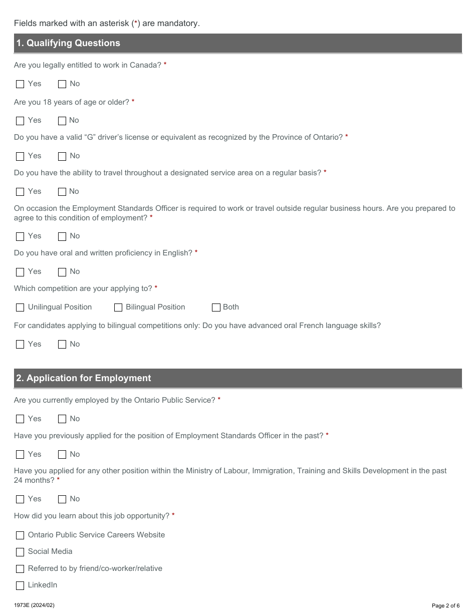 Form 1973E Application for Employment - Employment Standards Officer - Ontario, Canada, Page 2