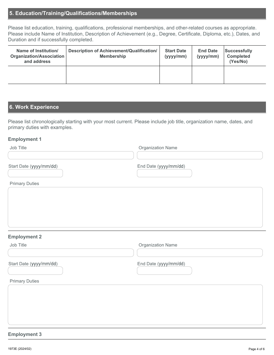 Form 1973E Application for Employment - Employment Standards Officer - Ontario, Canada, Page 4