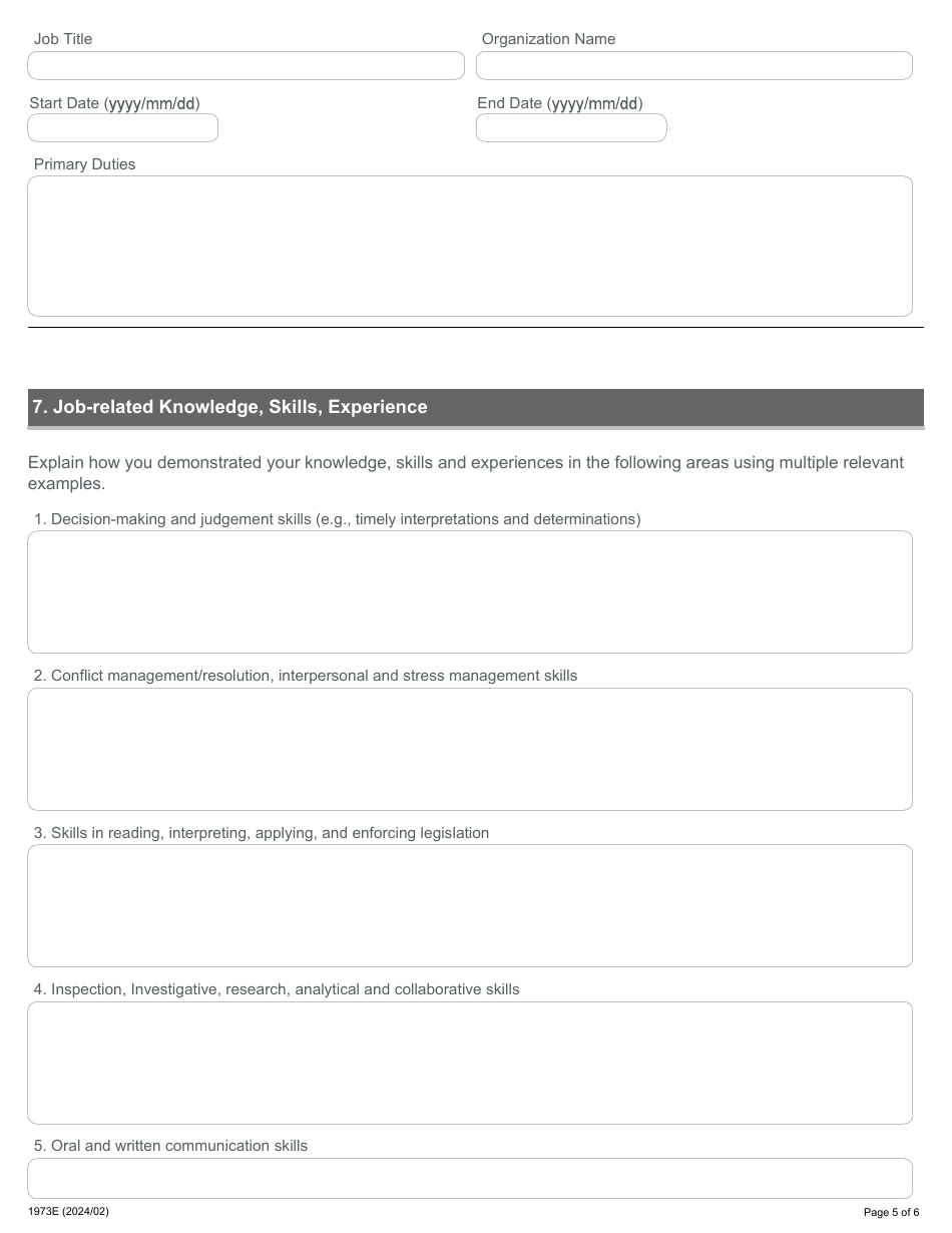 Form 1973E Application for Employment - Employment Standards Officer - Ontario, Canada, Page 5