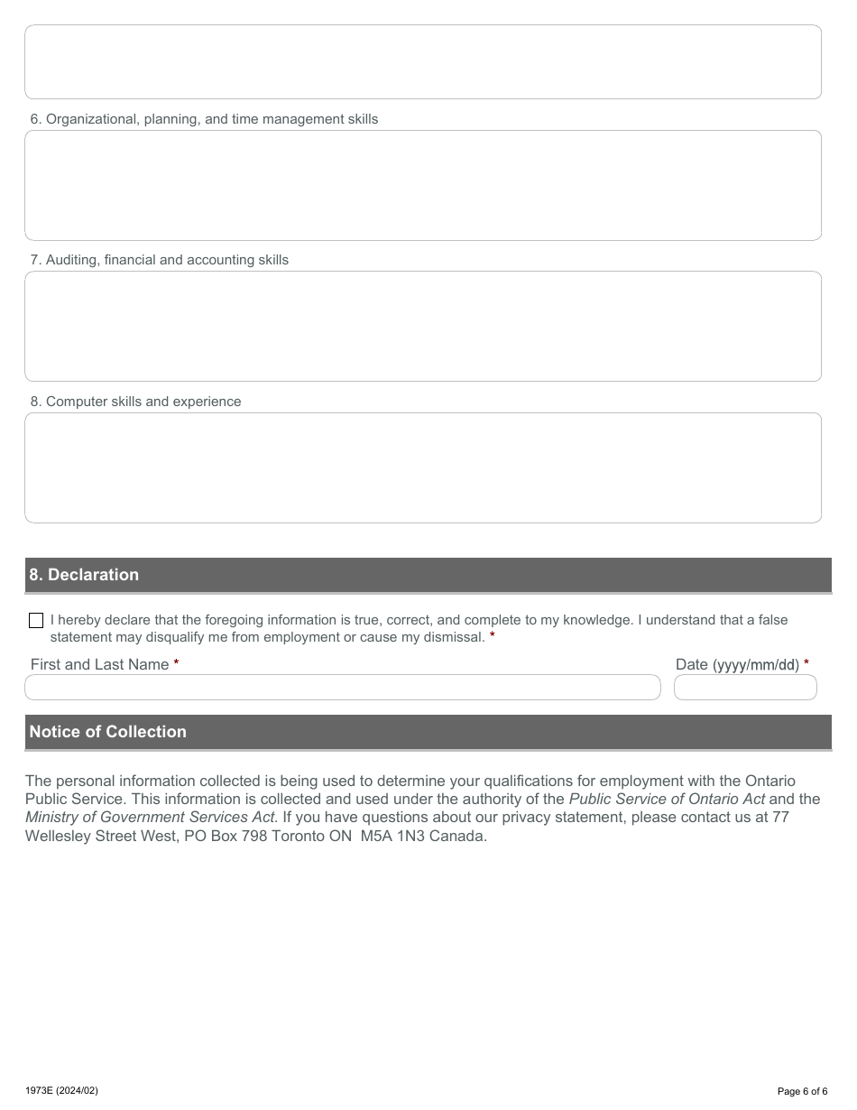 Form 1973E Application for Employment - Employment Standards Officer - Ontario, Canada, Page 6