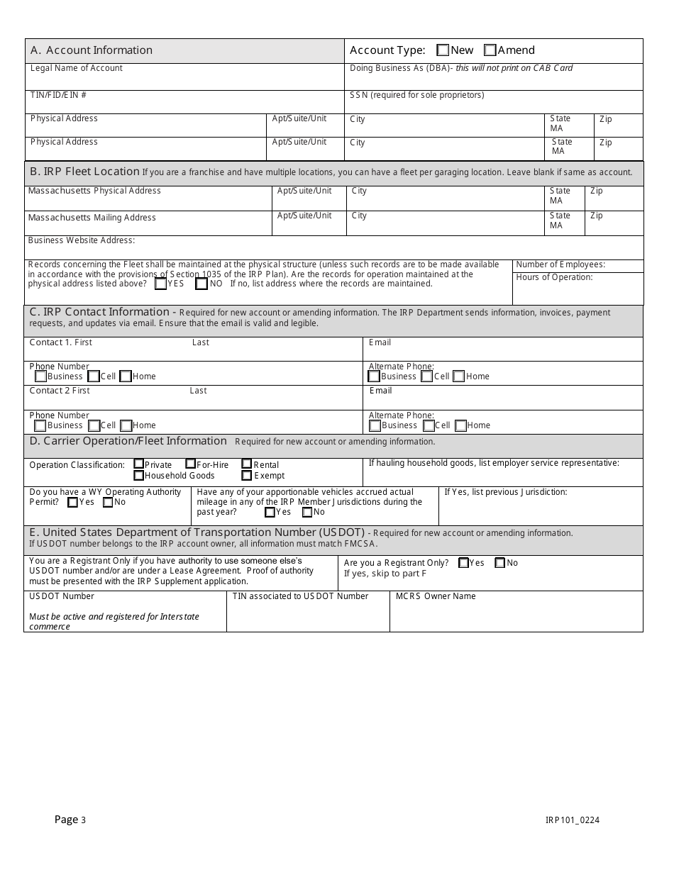 Form IRP101 International Registration Plan (Irp) New and Amend Account Application - Massachusetts, Page 3