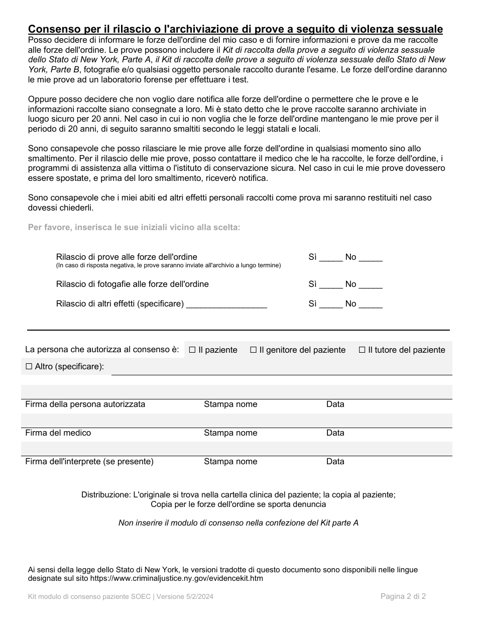 Part A Sexual Offense Evidence Collection Kit Patient Consent Form - New York (Italian), Page 2