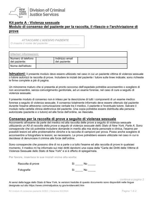 Part A Sexual Offense Evidence Collection Kit Patient Consent Form - New York (Italian)