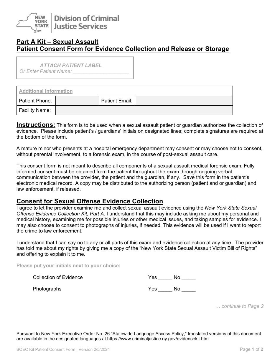 Part A Sexual Offense Evidence Collection Kit Patient Consent Form - New York, Page 1