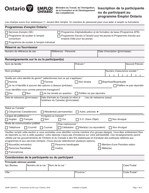 Forme 3006F Inscription De La Participante Ou Du Participant Au Programme Emploi Ontario - Ontario, Canada (French)
