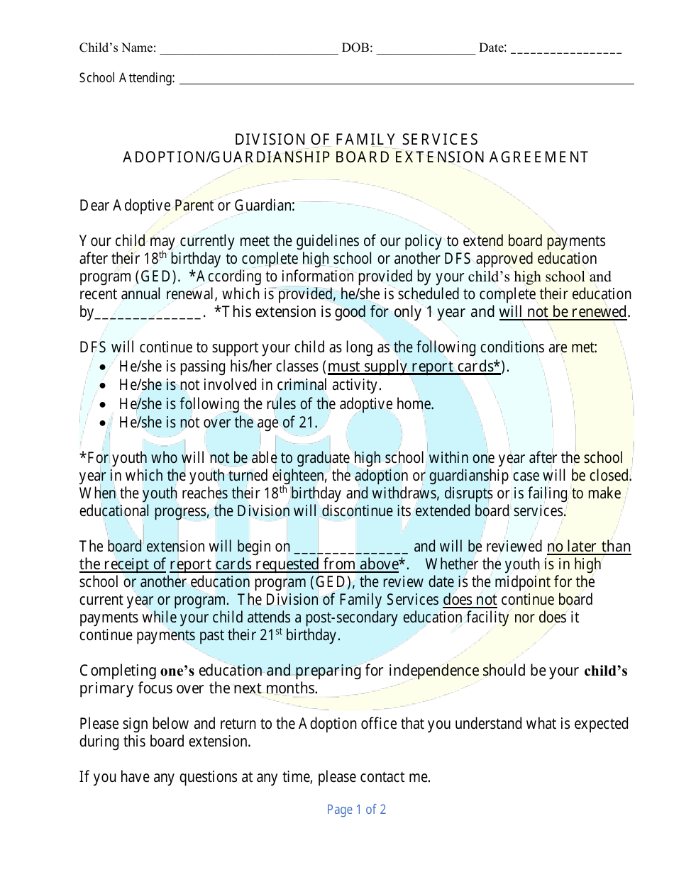 Adoption / Guardianship Board Extension Agreement - Delaware, Page 1