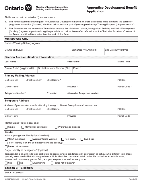 Form 89-1827E Apprentice Development Benefit Application - Ontario, Canada